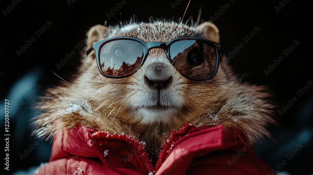 An urban-style marmot flaunts sunglasses and a red jacket in a snow-covered setting, exhibiting confidence and a trendy vibe in the winter season. An urban-style marmot flaunts sunglasses and a red jacket in a snow-covered setting, exhibiting confidence and a trendy vibe in the winter season.