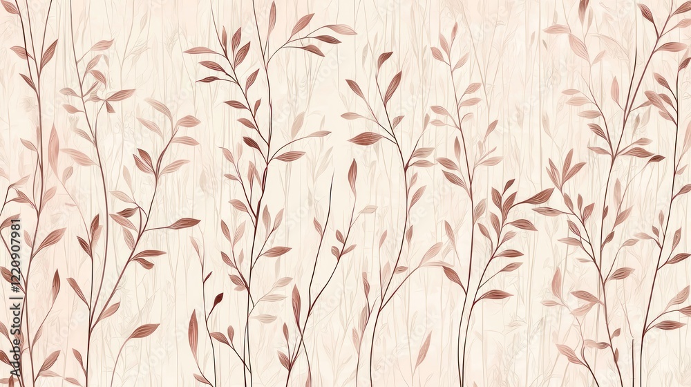 Naklejka premium Rosy Botanical Wallpaper: Elegant Rose-Hued Branch and Leaf Design