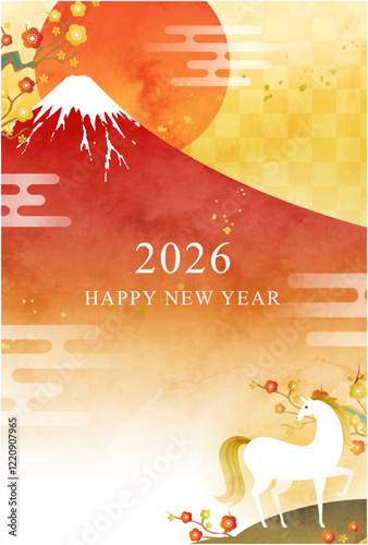 水彩の富士山と馬と初日の出の年賀状。2026年午年のデザイン。ベクターイラストテンプレート。