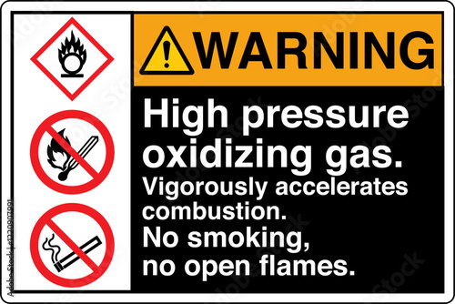 ANSI Z535 GHS Chemicals Label Warning High Pressure Oxidizing Gas Vigorously Accelerates Combustion No Smoking No Open Flames Horizontal Black photo