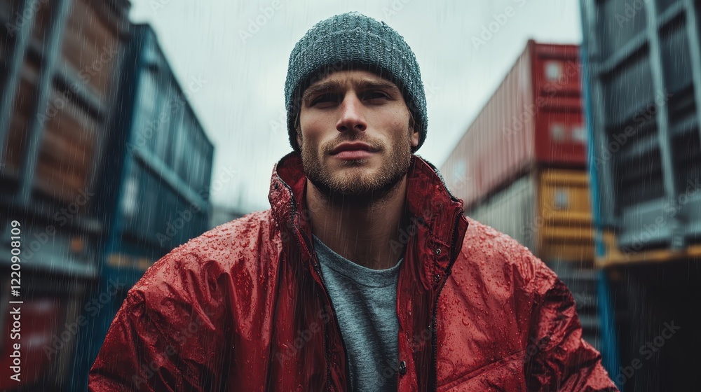 A rugged man stands confidently in the rain, showcasing a vibrant red jacket and grey beanie, surrounded by colorful shipping containers, evoking resilience and adventure. A rugged man stands confidently in the rain, showcasing a vibrant red jacket and grey beanie, surrounded by colorful shipping containers, evoking resilience and adventure.