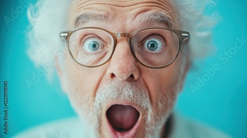 A senior man showcases an exaggerated astonished expression with glasses and white hair, his mouth open wide, against a bright background, capturing genuine surprise and joy. photo