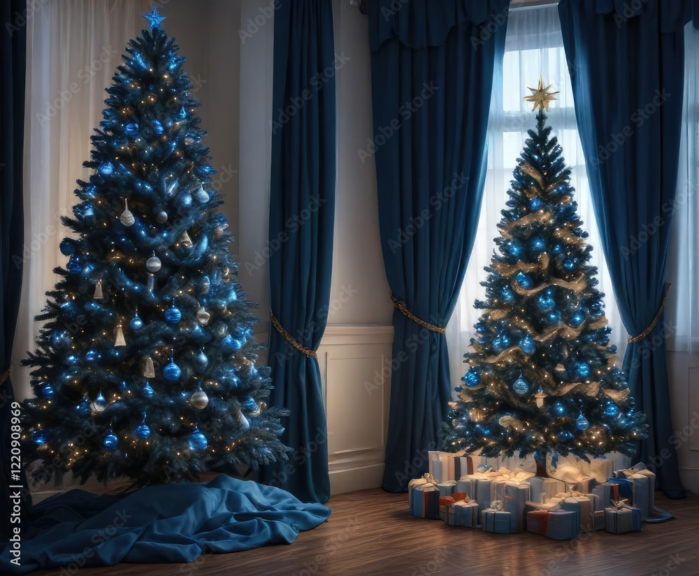 Fototapeta premium Blue curtains or drapes hang behind a blue Christmas tree, filtering the light and adding to the calm mood, peaceful scene, serene atmosphere