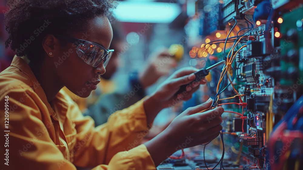 Technician working on electrical circuits with tools and focus Technician working on electrical circuits with tools and focus