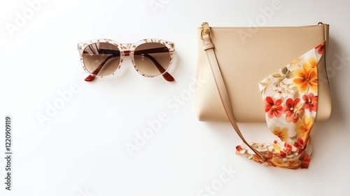 Stylish accessories with bag, hairpins and sunglasses on white background. Top view. photo