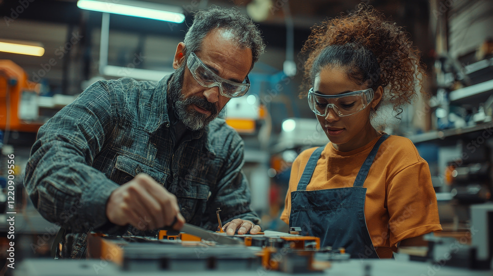 Worker teaching young apprentice in workshop, focused on task Worker teaching young apprentice in workshop, focused on task
