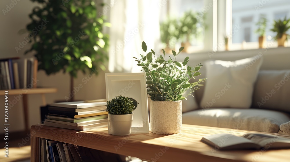 Fototapeta premium Sunny living room, plants, coffee table, books, relaxation
