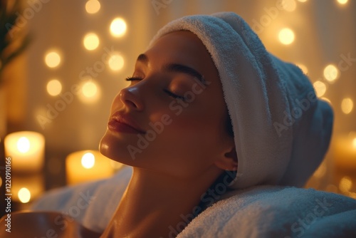 Serene spa experience with a woman enjoying a facial relaxing ambiance with soft lighting beauty and tranquility at a wellness retreat photo