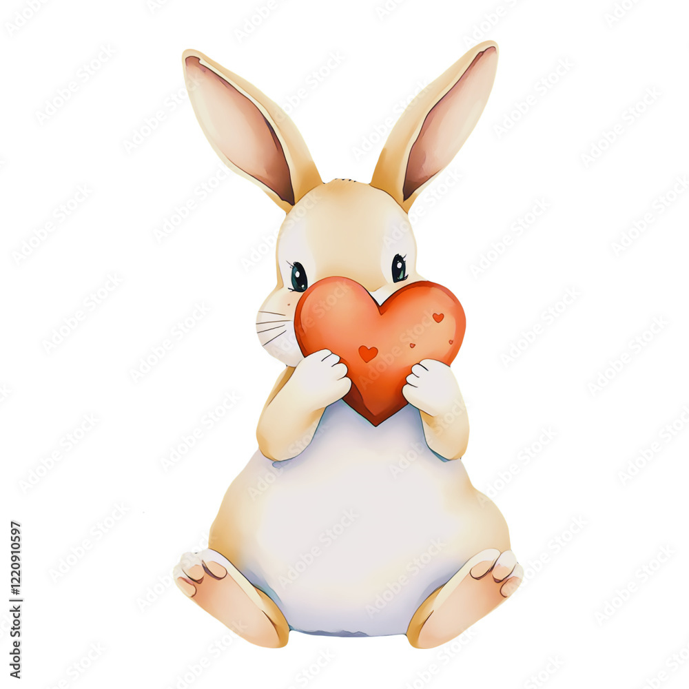 Obraz premium Cute cartoon rabbit holding a heart, perfect for Valentine's Day.