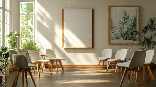 clean, quiet group therapy area featuring empty chairs and flipboard, illuminated by natural light. serene environment promotes relaxation and reflection photo