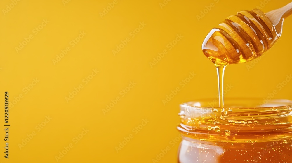 This image presents a close-up of honey slowly dripping from a wooden dipper into a glass jar, showcasing the rich golden color and texture of the sweet substance. This image presents a close-up of honey slowly dripping from a wooden dipper into a glass jar, showcasing the rich golden color and texture of the sweet substance.