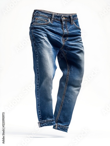 photography of classic indigo denim pants floating against white backdrop.