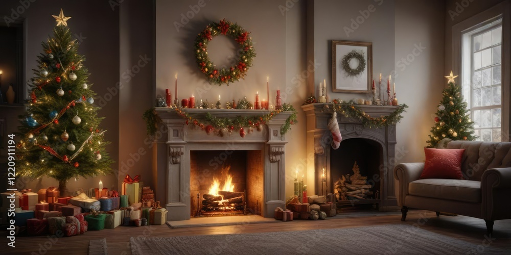 Obraz premium Christmas tree and fireplace with festive decorations, garlands, twinkling lights, christmas tree