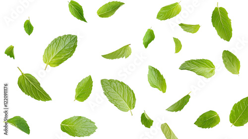 Flying or falling fresh mint leaves on transparent PNG or white background. spearmint.