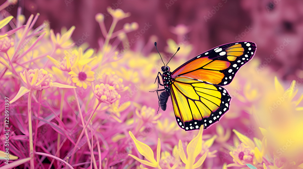 Fototapeta premium A Bright Butterfly in Nature, Colorful Wings in the Wild, Butterfly on a Leaf.