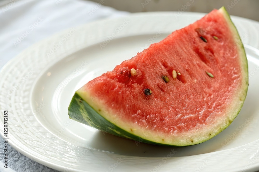 Close-up of a single slice of ripe watermelon resting on a plain white plate or tray, fruit platter, watermelon slice, watermelon, food styling, summer fruit Close-up of a single slice of ripe watermelon resting on a plain white plate or tray, fruit platter, watermelon slice, watermelon, food styling, summer fruit