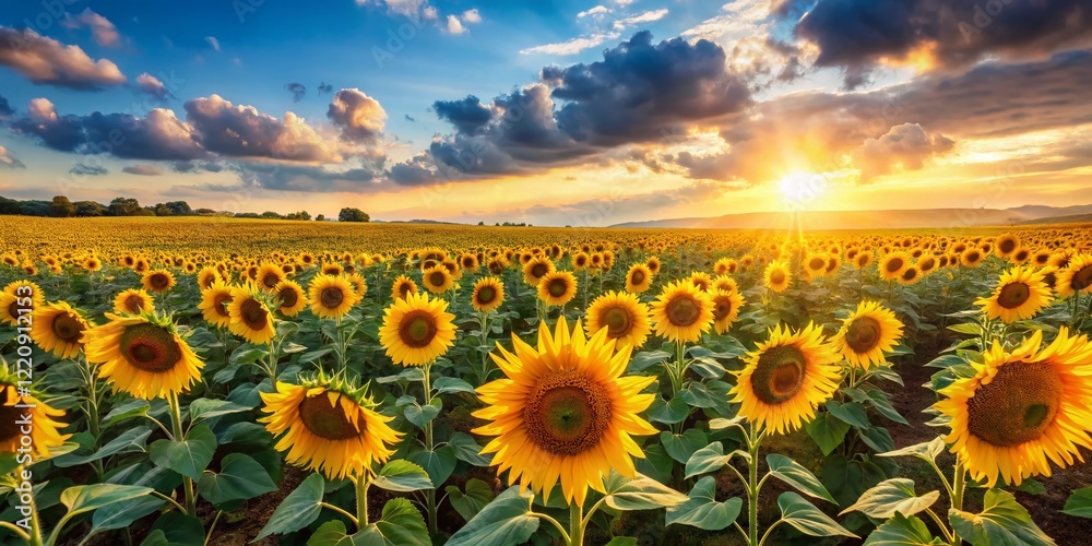 Obraz premium Panoramic Aerial View of Organic Sunflower Field for Oil Production