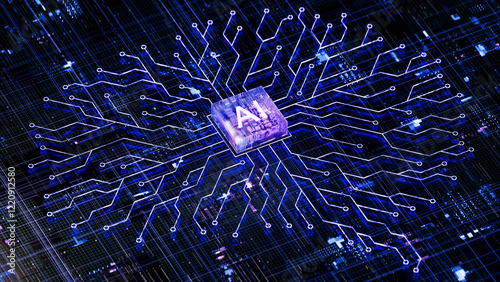 Obraz na płótnie AI chip on a circuit board. Symbolizes technological advancement and artificial intelligence integration. 3d rendering, conceptual image. w salonie