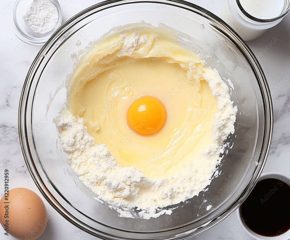 Mixing ingredients for a cake in a clear glass bowl in a bright kitchen setting Mixing ingredients for a cake in a clear glass bowl in a bright kitchen setting