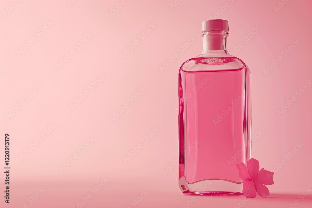 High Detail Image of a Bottle of Pink Liquid Sits on a Pink Background High Detail Image of a Bottle of Pink Liquid Sits on a Pink Background