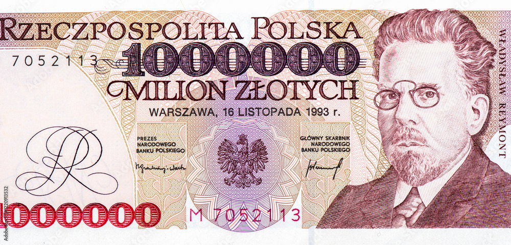 Władysław Stanisław Reymont, Portrait from Poland 1000000 Zlotych 1991 Banknotes. ​Poland 1,000,000 Million Zlotych Banknote 1991
