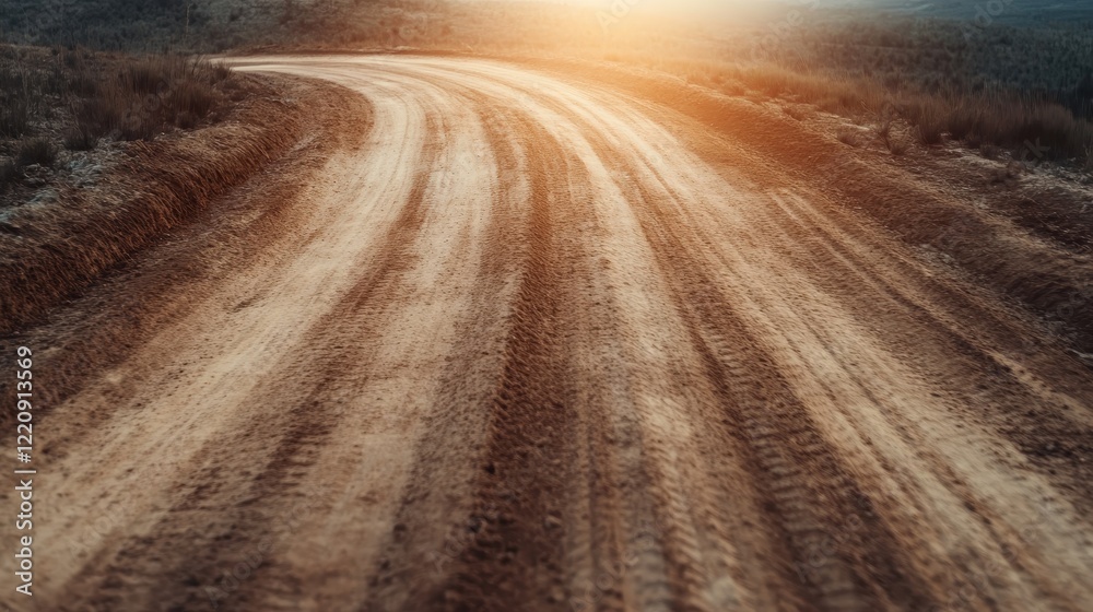 Naklejka premium A dirt road meanders into the glow of a golden sunset, showcasing the beauty of nature and the promise of adventure as the day draws to a close.