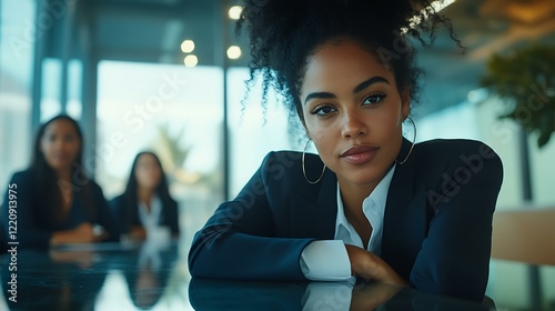 A Black businesswoman leaning on a conference table, engaging with her diverse colleagues in a modern workplace