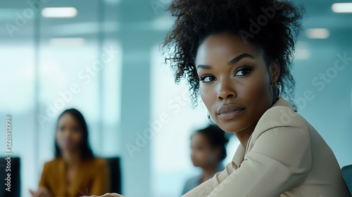 A Black businesswoman leaning on a conference table, engaging with her diverse colleagues in a modern workplace