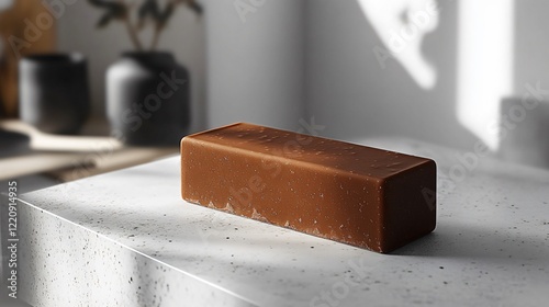 Minimalist chocolate bar on white surface with natural lighting for skincare promotions.
 photo