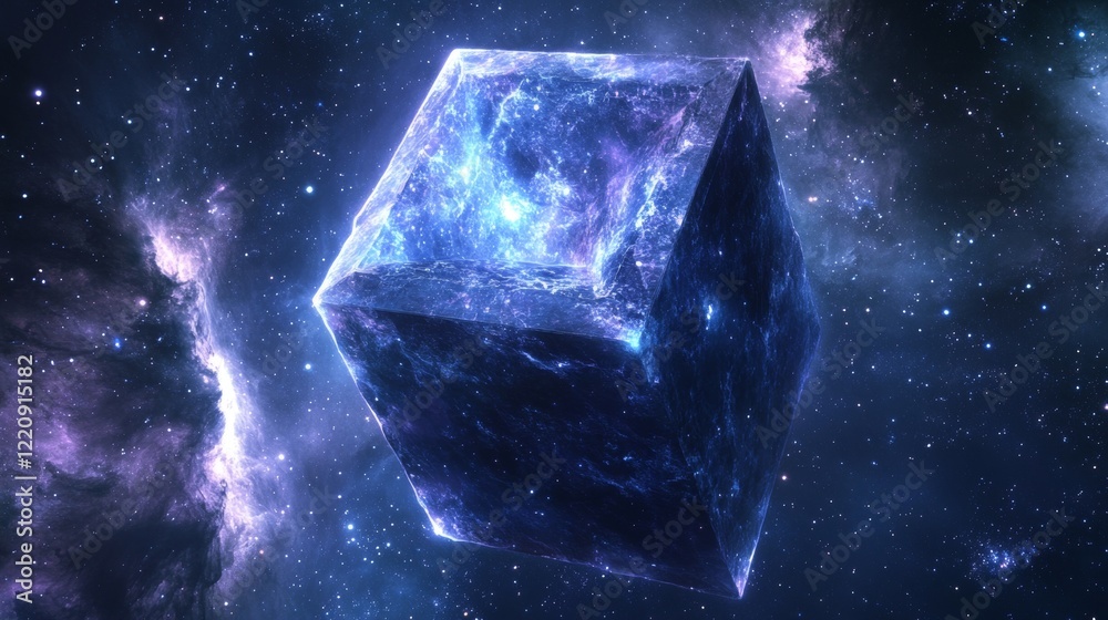 Obraz premium A glowing tesseract in a cosmic void surrounded by nebulae and starfields, radiating mystical hues