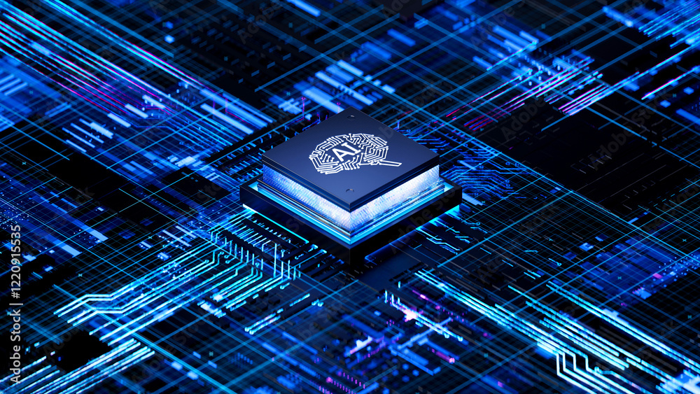 AI chip on a circuit board. Symbolizes technological advancement and artificial intelligence integration. 3d rendering, conceptual image.