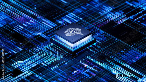 Obraz na płótnie AI chip on a circuit board. Symbolizes technological advancement and artificial intelligence integration. 3d rendering, conceptual image. w salonie