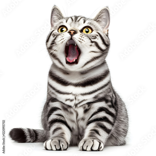 Adorable the American shorthair tabby breed licking and happy , sitting on white background

 photo