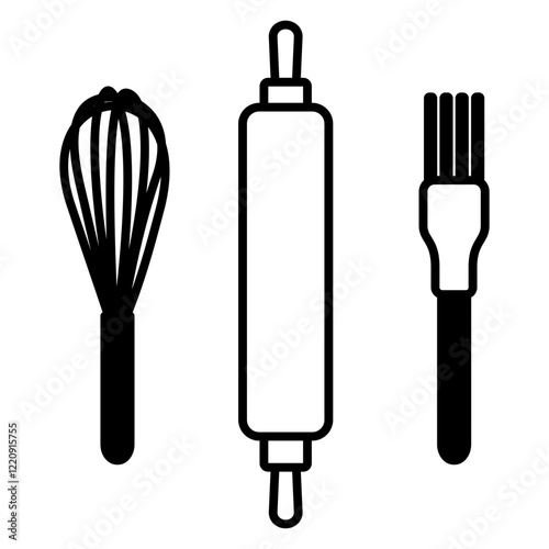 Illustration or icon of sets of kitchen tools: stainless whisker, rolling pin, and basting pastry brush