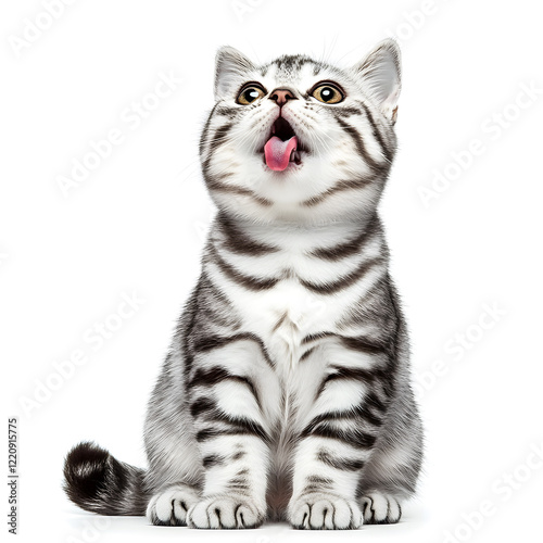 Adorable the American shorthair tabby breed licking and happy , sitting on white background

 photo