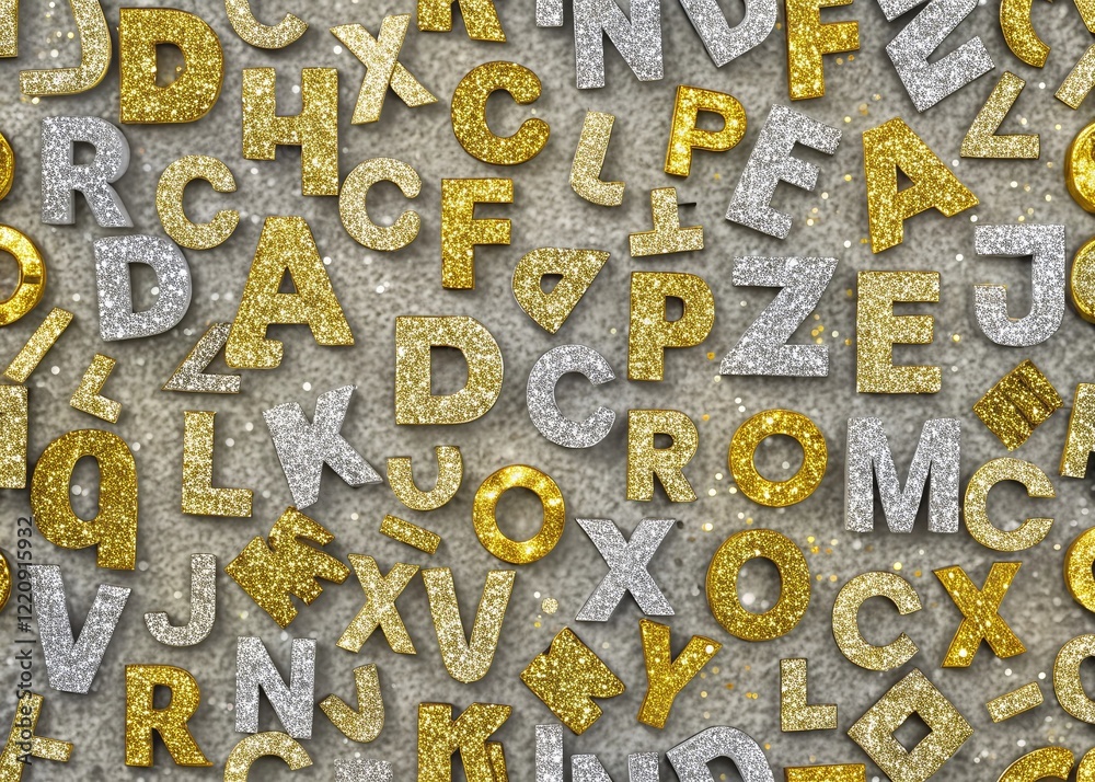 Panoramic Golden & Silver Glitter Alphabet Letters on Grey Background - Seamless Pattern Panoramic Golden & Silver Glitter Alphabet Letters on Grey Background - Seamless Pattern