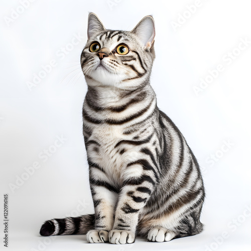 Adorable the American short hair tabby breed, sitting on white background photo