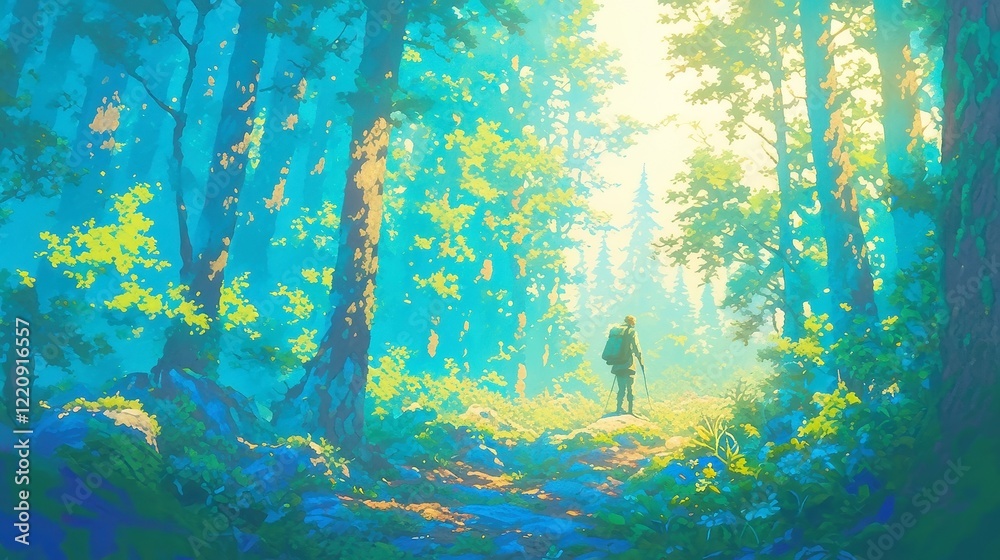 Fototapeta premium Serene Forest Trail in Vibrant Pop Art Style, a lone figure hiking through lush greens and warm earthy tones, featuring a clean geometric design and cool digital color palette.