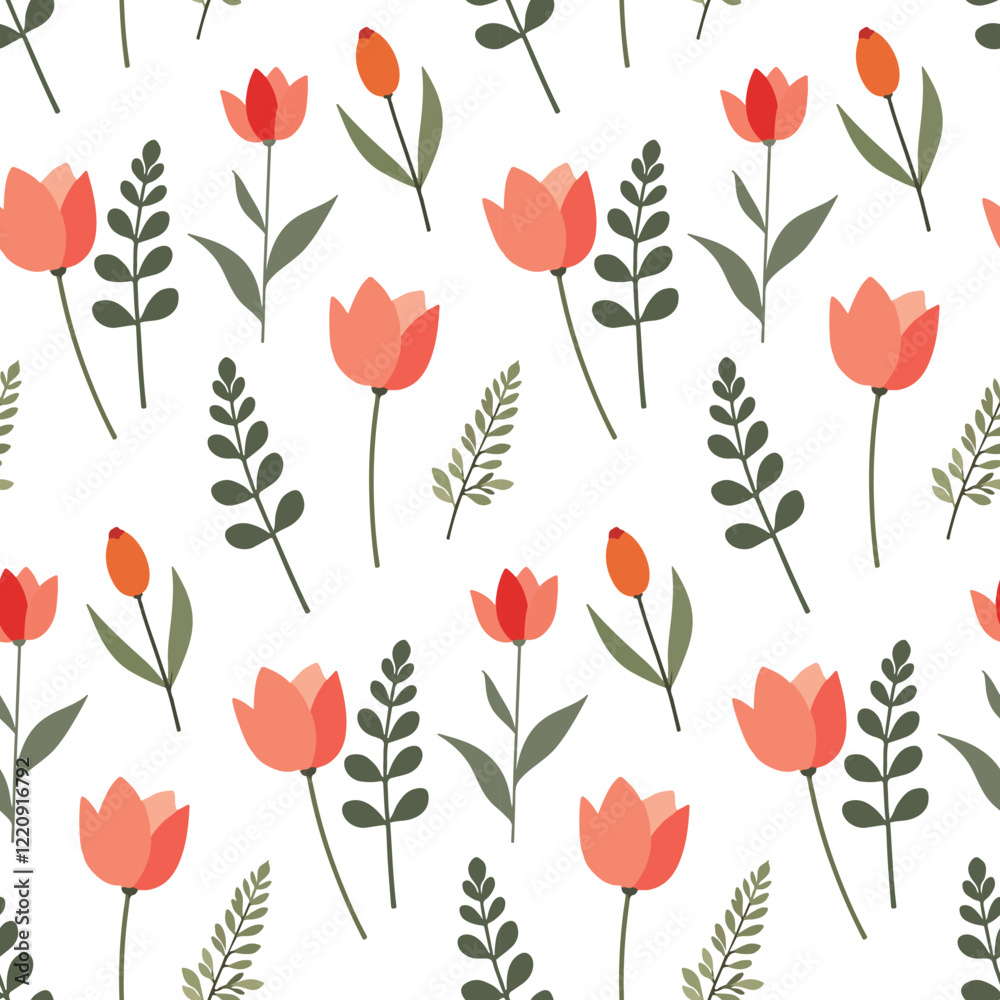Tulip flower element and leaves. Cute floral ditsy leaf. Flowers seamless pattern. Texture for background, paper, scarf, card, fabric, wrapping, textile, wallpaper, phone case, wrapping.
