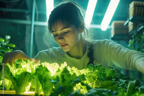 A young woman carefully examines vibrant green lettuce growing under artificial lights in a vertical farm. photo