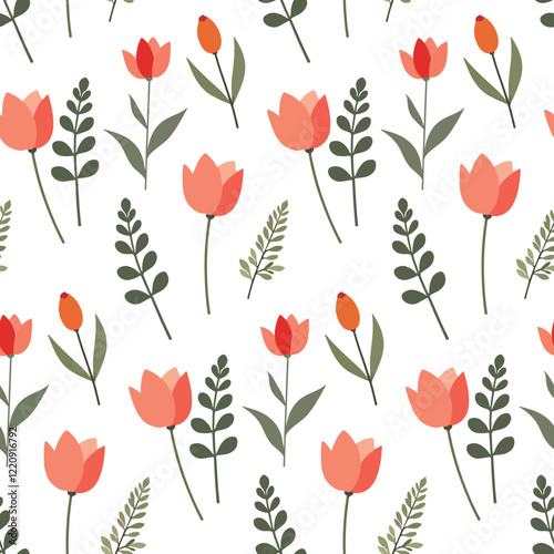 Tulip flower element and leaves. Cute floral ditsy leaf. Flowers seamless pattern. Texture for background, paper, scarf, card, fabric, wrapping, textile, wallpaper, phone case, wrapping.
