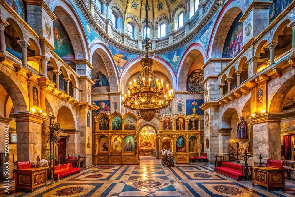 Fototapeta premium Panoramic Interior View of the Holy Sepulchre Church in Jerusalem