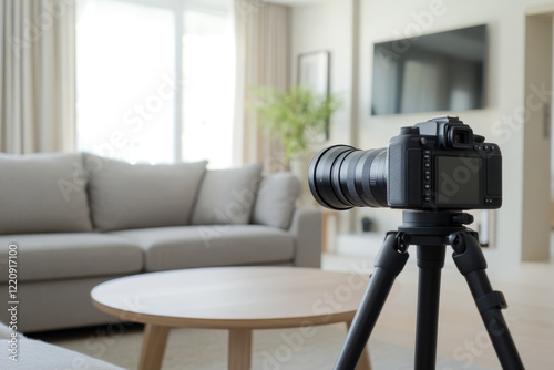 Camera set up on tripod capturing a cozy living room with modern decor in bright lighting