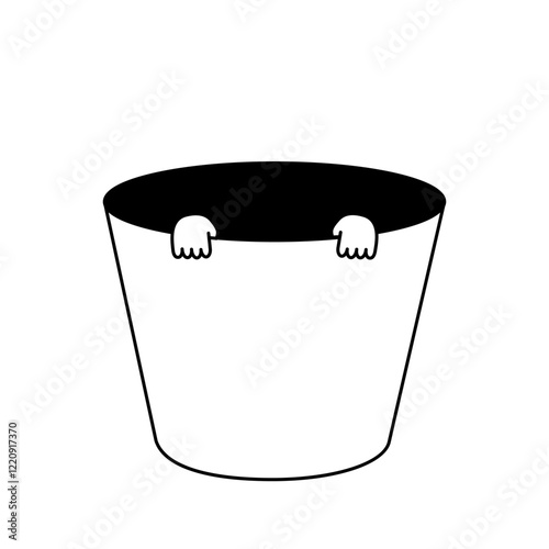 バケツから出てくる手の白黒イラストデザイン