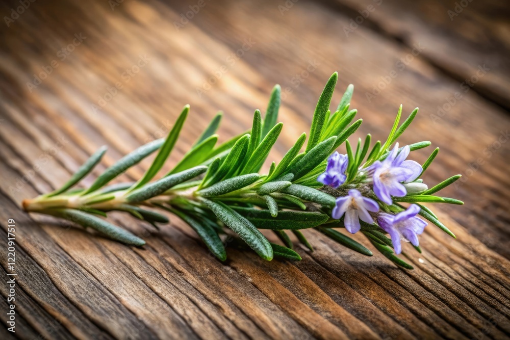 A close-up of a sprig of fresh rosemary with delicate purple flowers and a woody stem, natural, fragrant herb, foliage texture, flower detail A close-up of a sprig of fresh rosemary with delicate purple flowers and a woody stem, natural, fragrant herb, foliage texture, flower detail