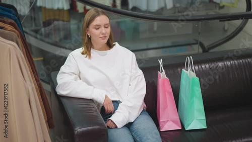 Confident lady seated on leather chair in modern shopping mall, dressed in casual white top and jeans, accompanied by colorful shopping bags, with glass escalator background photo