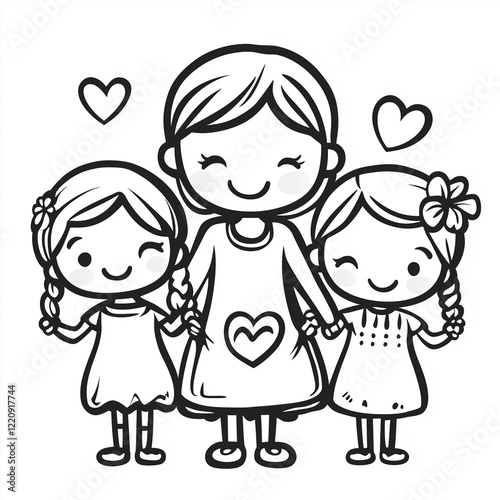Three happy girls holding hands, a heartwarming black and white illustration.