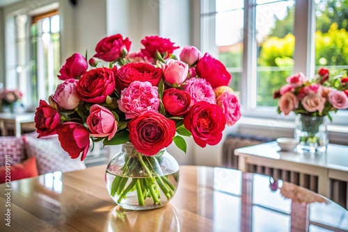 Wallpaper Mural Drone View: Roses & Peonies Bouquet in Glass Vase - Interior Design with Copy Space Torontodigital.ca