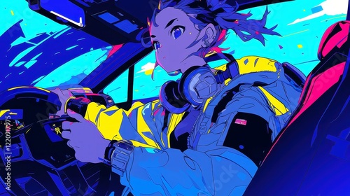 City Pop Anime Convention Vibes, vibrant illustration of attendees at a comic convention, bold outlines, pop art influence, cool neon colors, geometric style, lively atmosphere