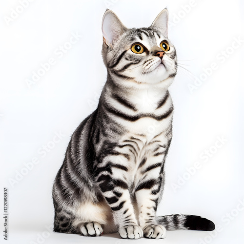 Adorable the American short hair tabby breed, sitting on white background photo